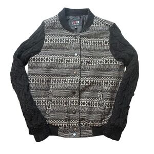 Boy Meets Girl Bomber Jacket Womens L Black Patterned Cable Knit Sleeve Wool